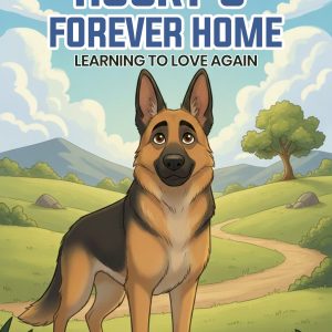 Front cover of the children's book Rocky's Forever Home: Learning to Love Again by Van Norman, featuring an illustrated German Shepherd dog standing on a grassy path in rolling green hills